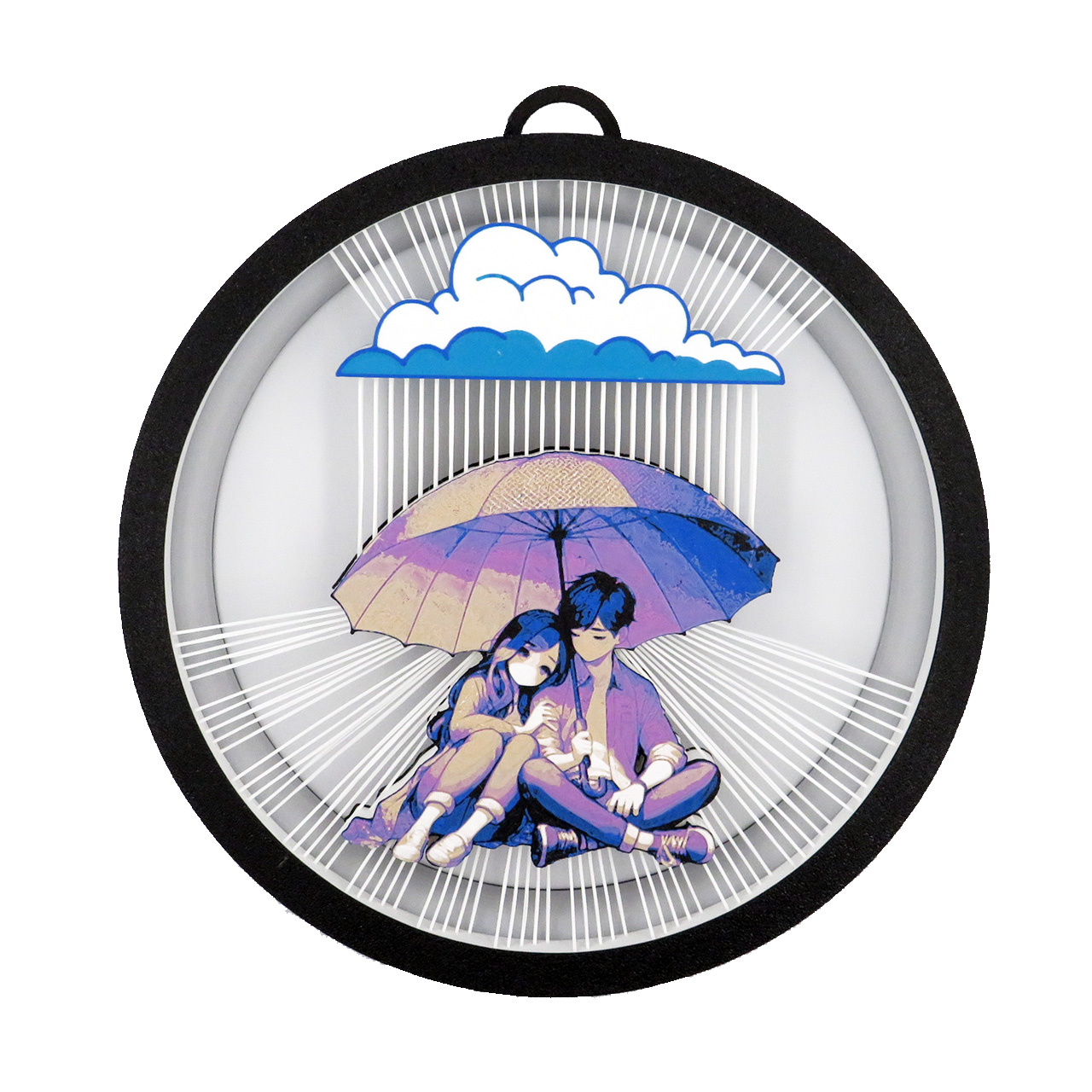 01 Sienine dekoracija apskritimo formos-Pora sedinti po lyjanciu debeseliu-plastiko gijos